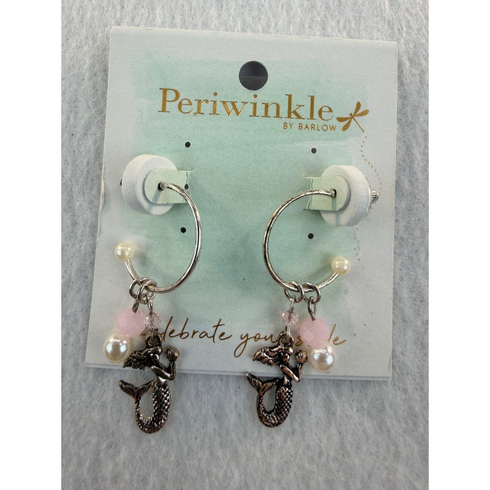 Periwinkle by Barlow Mermaid Charm Hoop Earrings Silver Tone Pink Pearl NEW